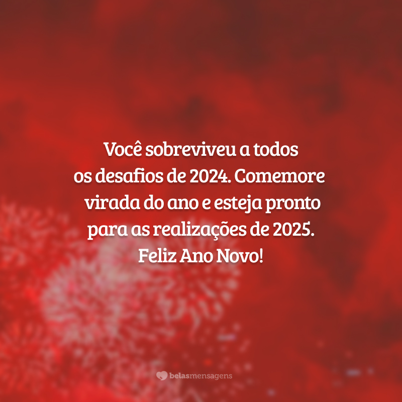 Você sobreviveu a todos os desafios de 2024. Comemore a virada do ano e esteja pronto para as realizações de 2025. Feliz Ano Novo!