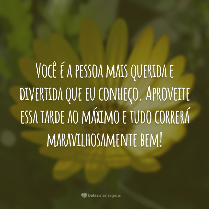 Você é a pessoa mais querida e divertida que eu conheço. Aproveite essa tarde ao máximo e tudo correrá maravilhosamente bem!