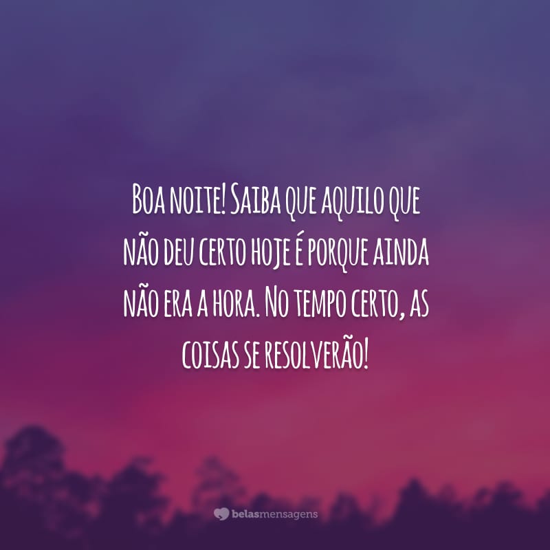 Boa noite! Saiba que aquilo que não deu certo hoje é porque ainda não era a hora. No tempo certo, as coisas se resolverão!