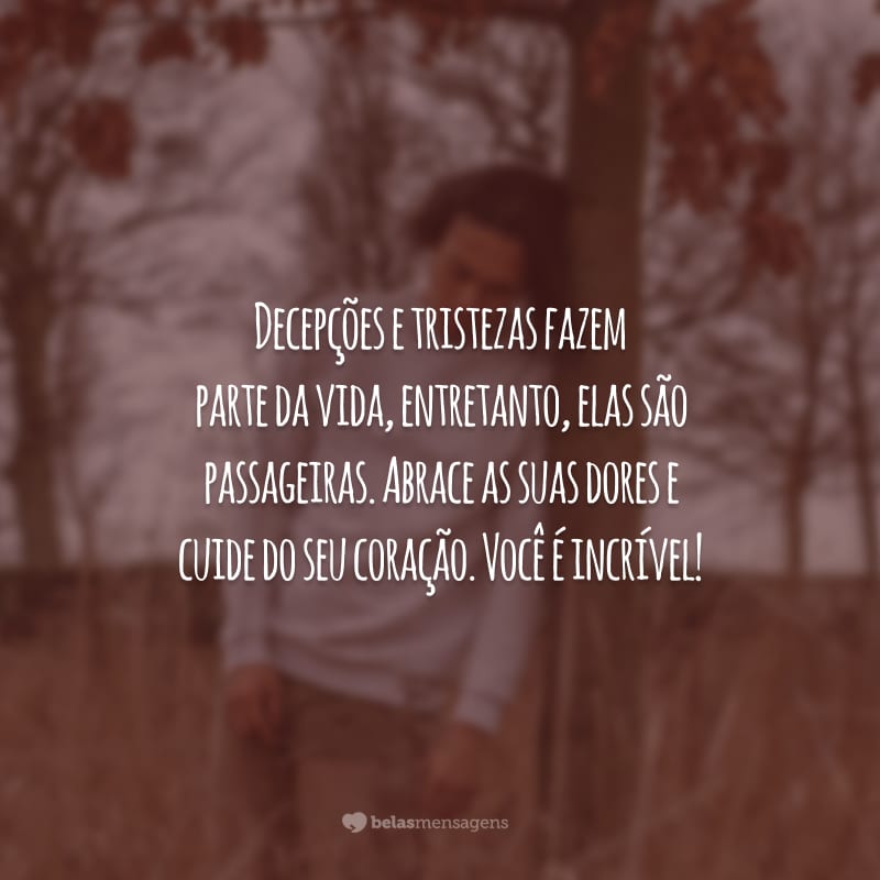 Decepções e tristezas fazem parte da vida, entretanto, elas são passageiras. Abrace as suas dores e cuide do seu coração. Você é incrível!