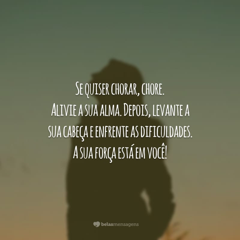 Se quiser chorar, chore. Alivie a sua alma. Depois, levante a sua cabeça e enfrente as dificuldades. A sua força está em você!