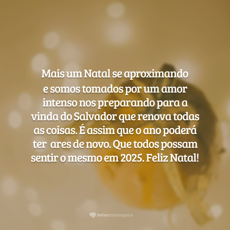 Mais um Natal se aproximando e somos tomados por um amor intenso nos preparando para a vinda do Salvador que renova todas as coisas. É assim que o ano poderá ter  ares de novo. Que todos possam sentir o mesmo em 2025. Feliz Natal!