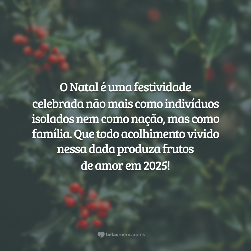 O Natal é uma festividade celebrada não mais como indivíduos isolados nem como nação, mas como família. Que todo acolhimento vivido nessa dada produza frutos de amor em 2025!